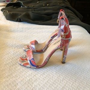 JustFab Coral, Blue & White Floral Ankle-Strap Stiletto Heels